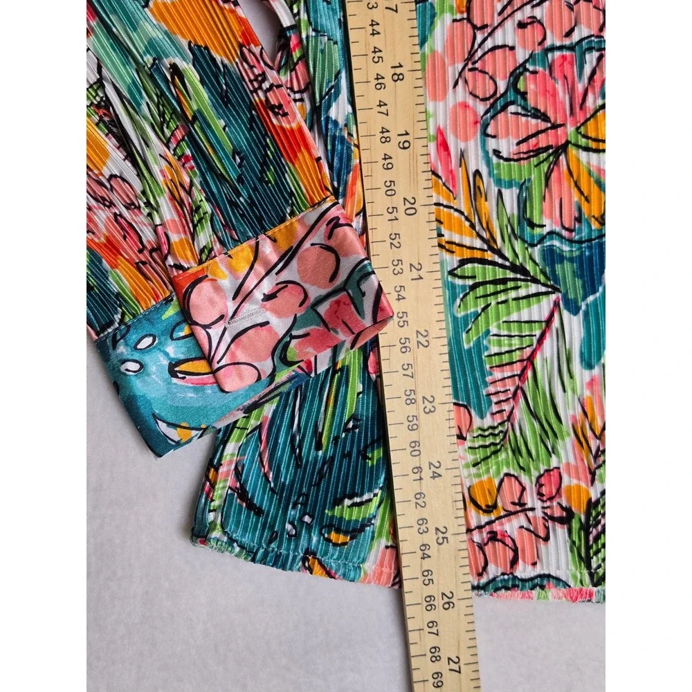 Jess Lea Tropical Floral Pleated Two Piece Set Shirt and Shorts Teal Pink Medium